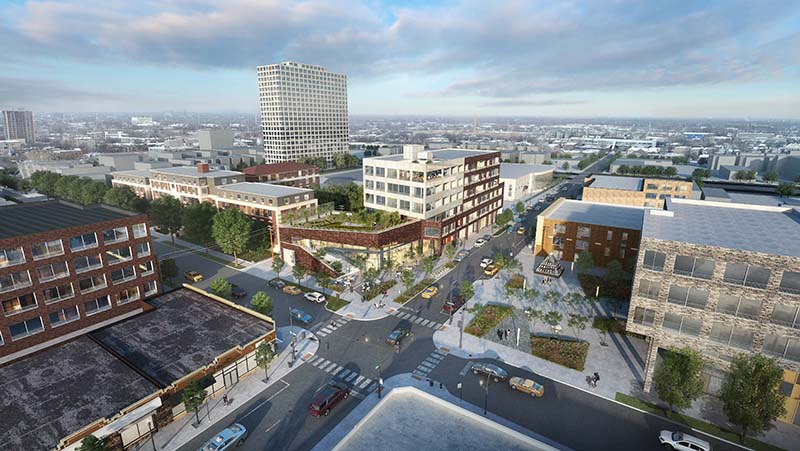 Aerial view of 47th and Vincennes with Great Migration Plaza - Bronzeville