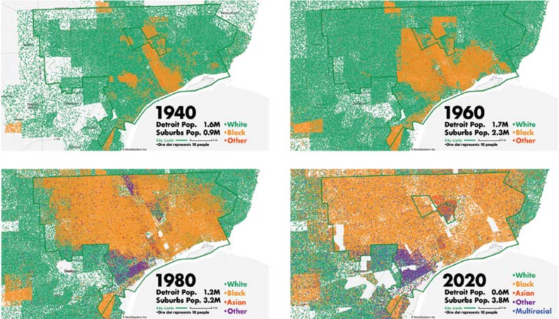 Racial dot maps of Detroit, generated by Myles Zhang, show how the city remains racially and spatially segregated.