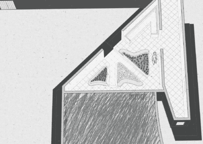 Top down view of drawn person walking in building