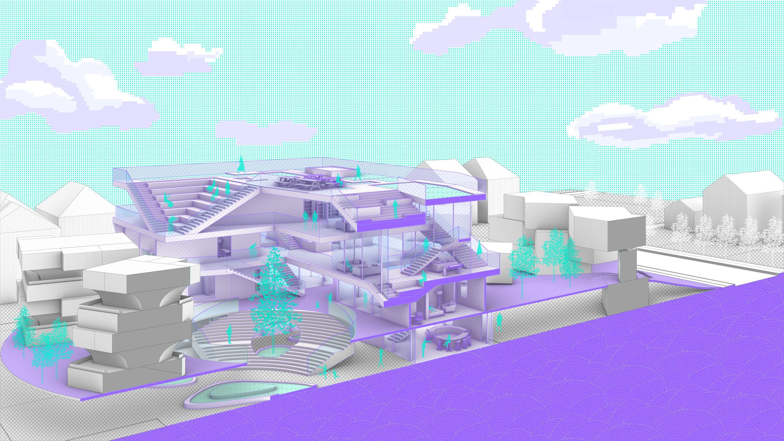 rendered isometric view of purple, white and teal architecture building