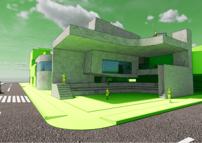 Street view render of architecture building with yellow people and green land