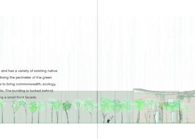 Street view of architecture render with text discussing trees