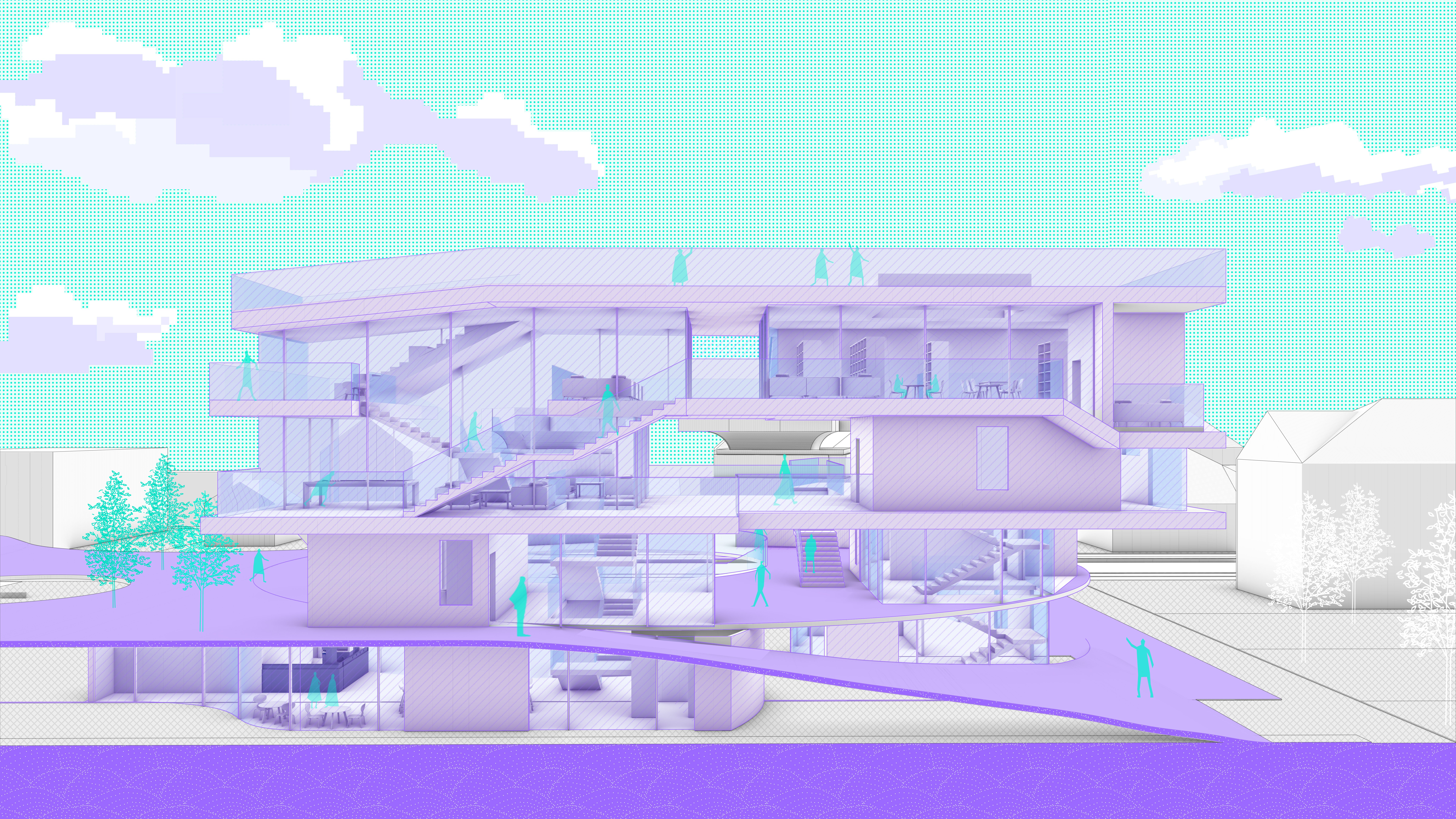 rendered elevations of purple, white and teal architecture building