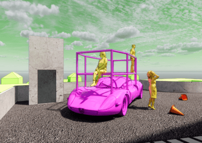 Purple car with yellow people on architecture building rendering