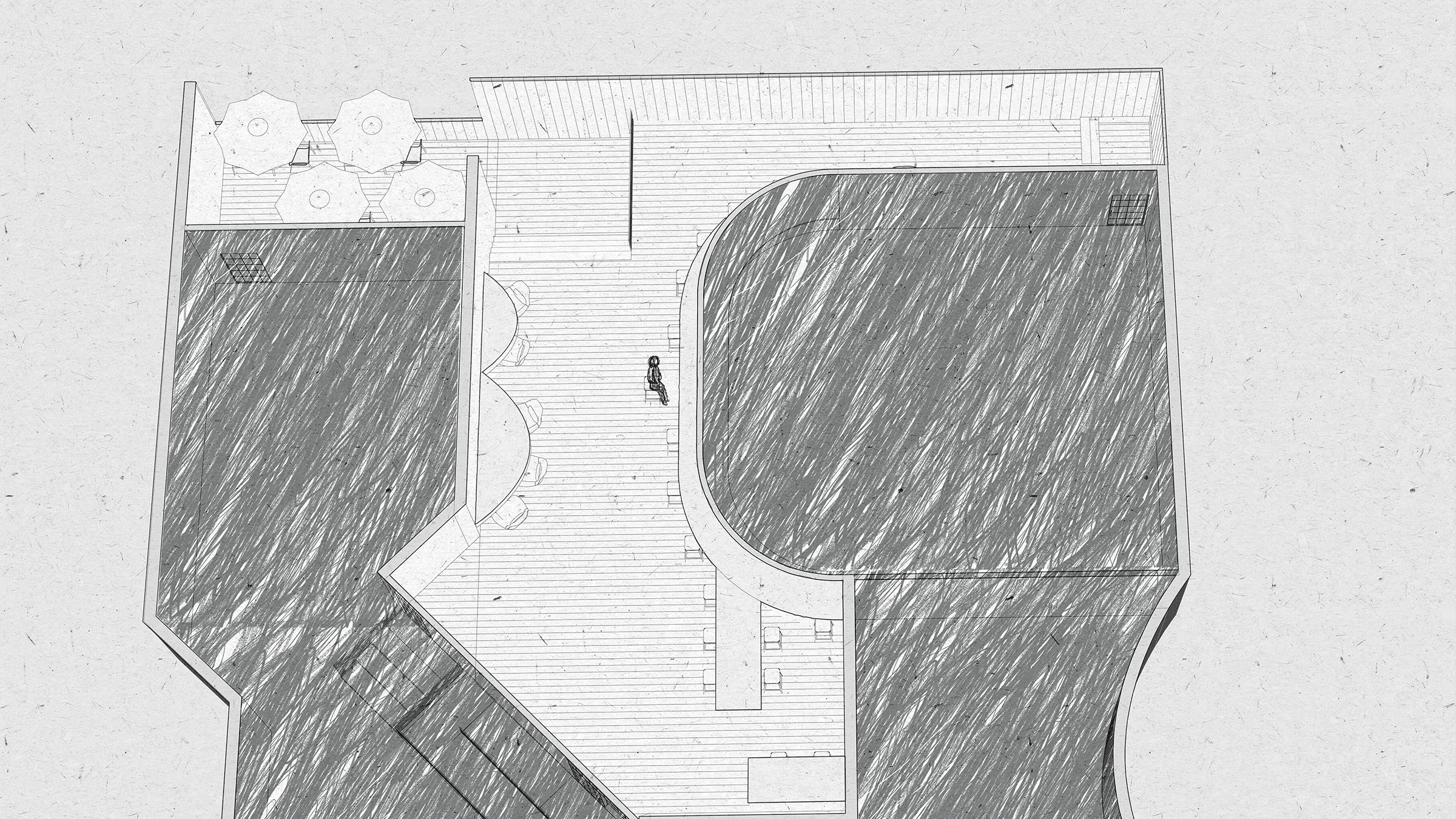 Top down view of drawn person sitting in building