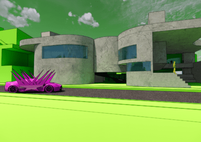 Street view of architecture building with purple car and green backdrop