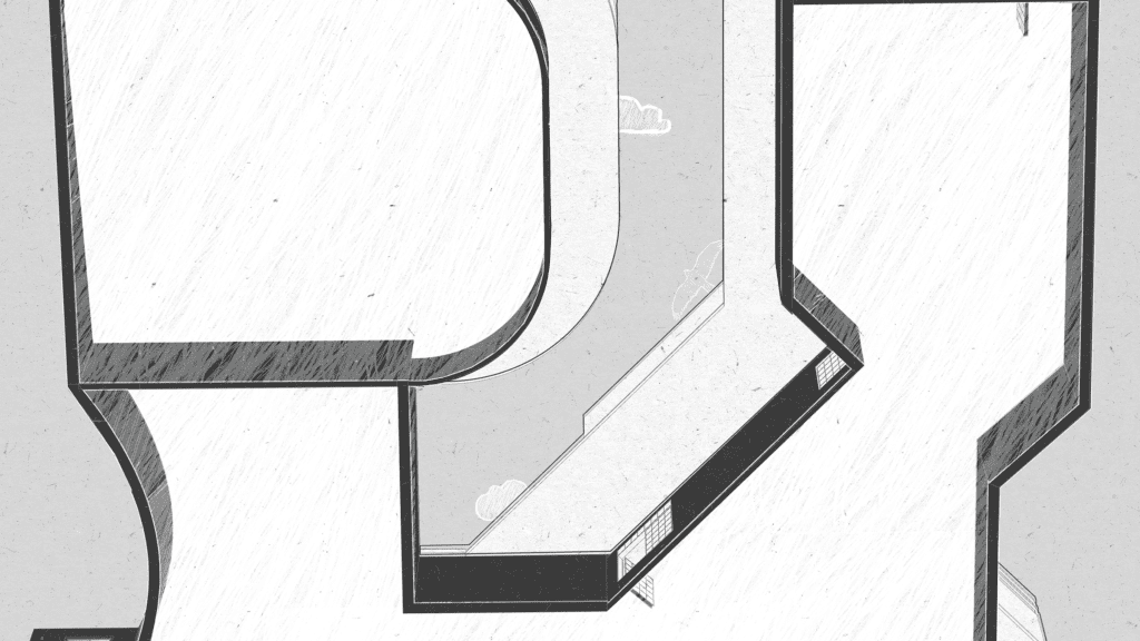 Bottom up view of skylight with bird flying by