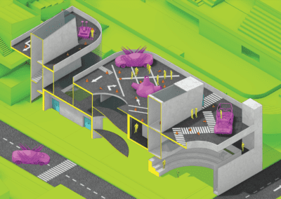 Isometric view of rendered architecture building with purple cars and yellow people
