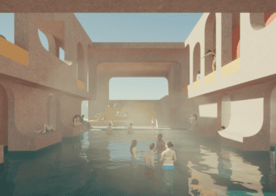 Render of public pool with people swimming in architecture structure