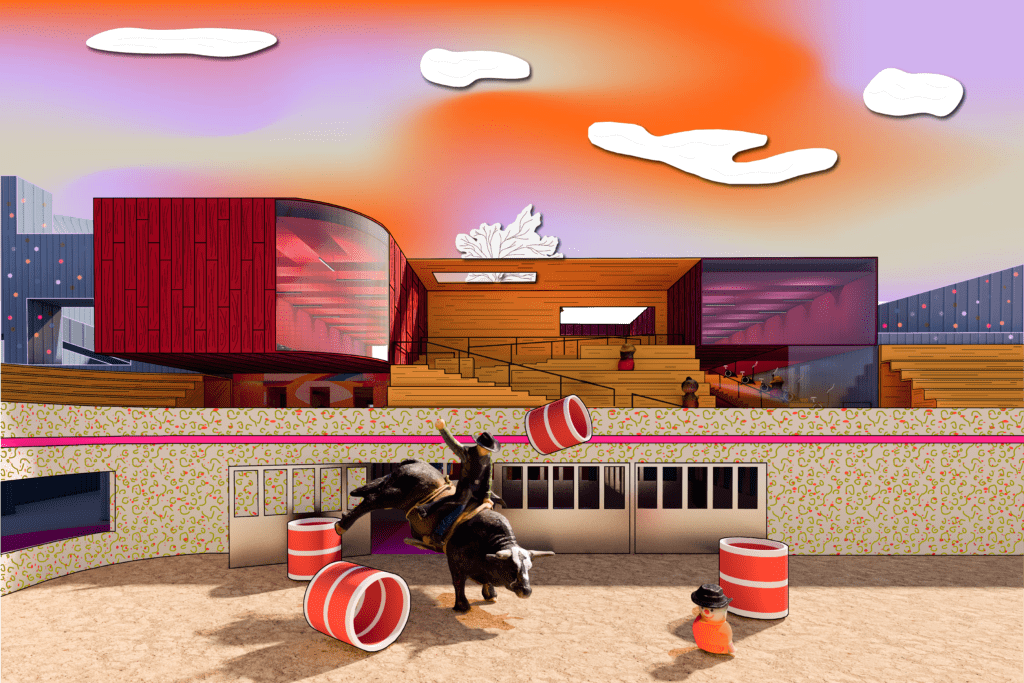 Render of rodeo rider on bull with architecture building in background