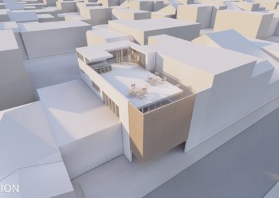 Exterior render of architecture building, areal view