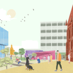 Render of communal park in city