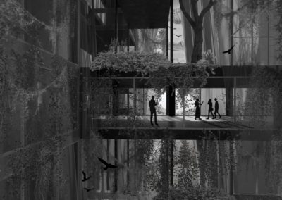 Black and white render of of people on a plant covered corridor