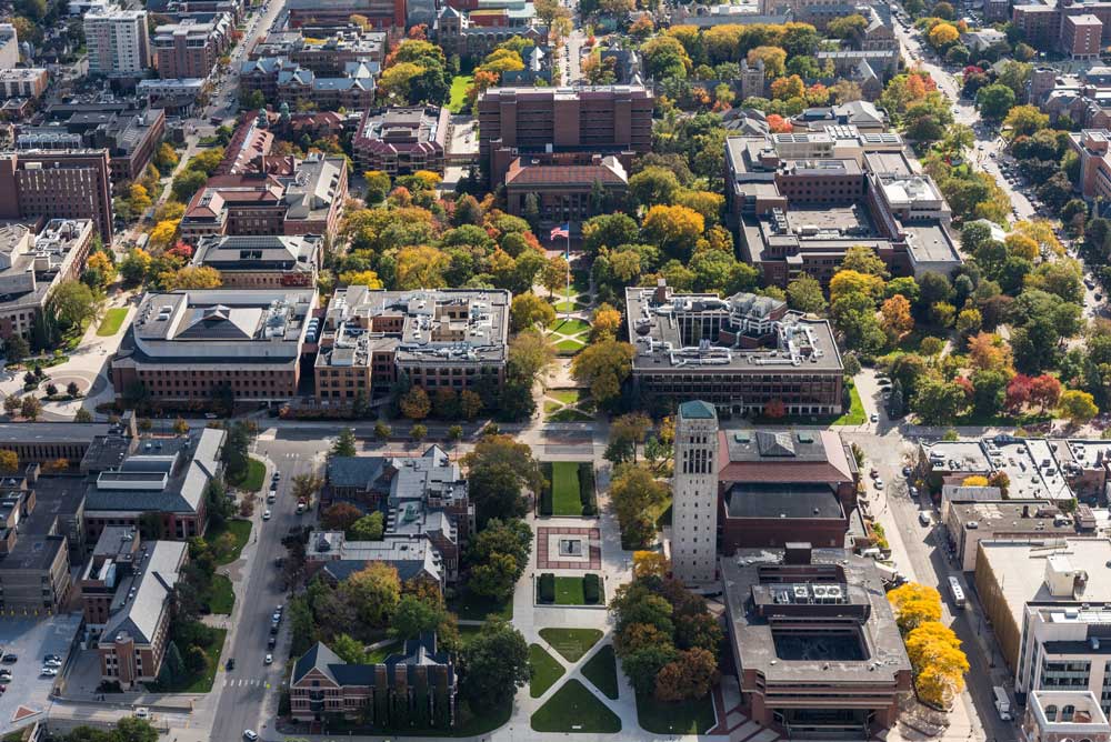 Aerial view of University of Michigan campus with fall colors.