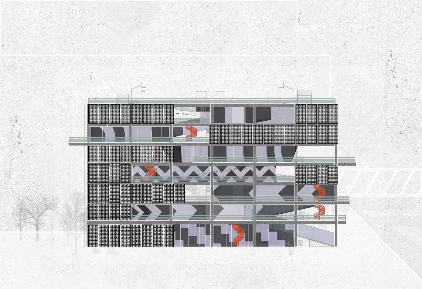 An elevation rendering of the floors of a building