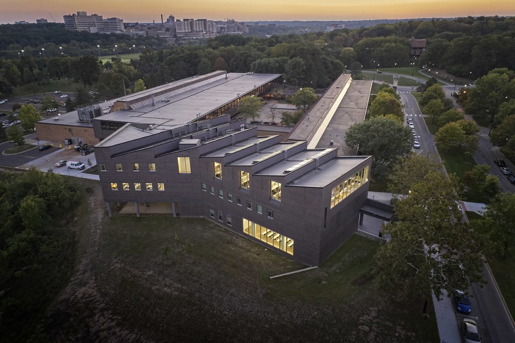 Aerial view of the A. Alfred Taubman Wing of the Art and Architecture Building during sunset