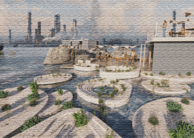 Render of architecture designed park with a city skyline in the background