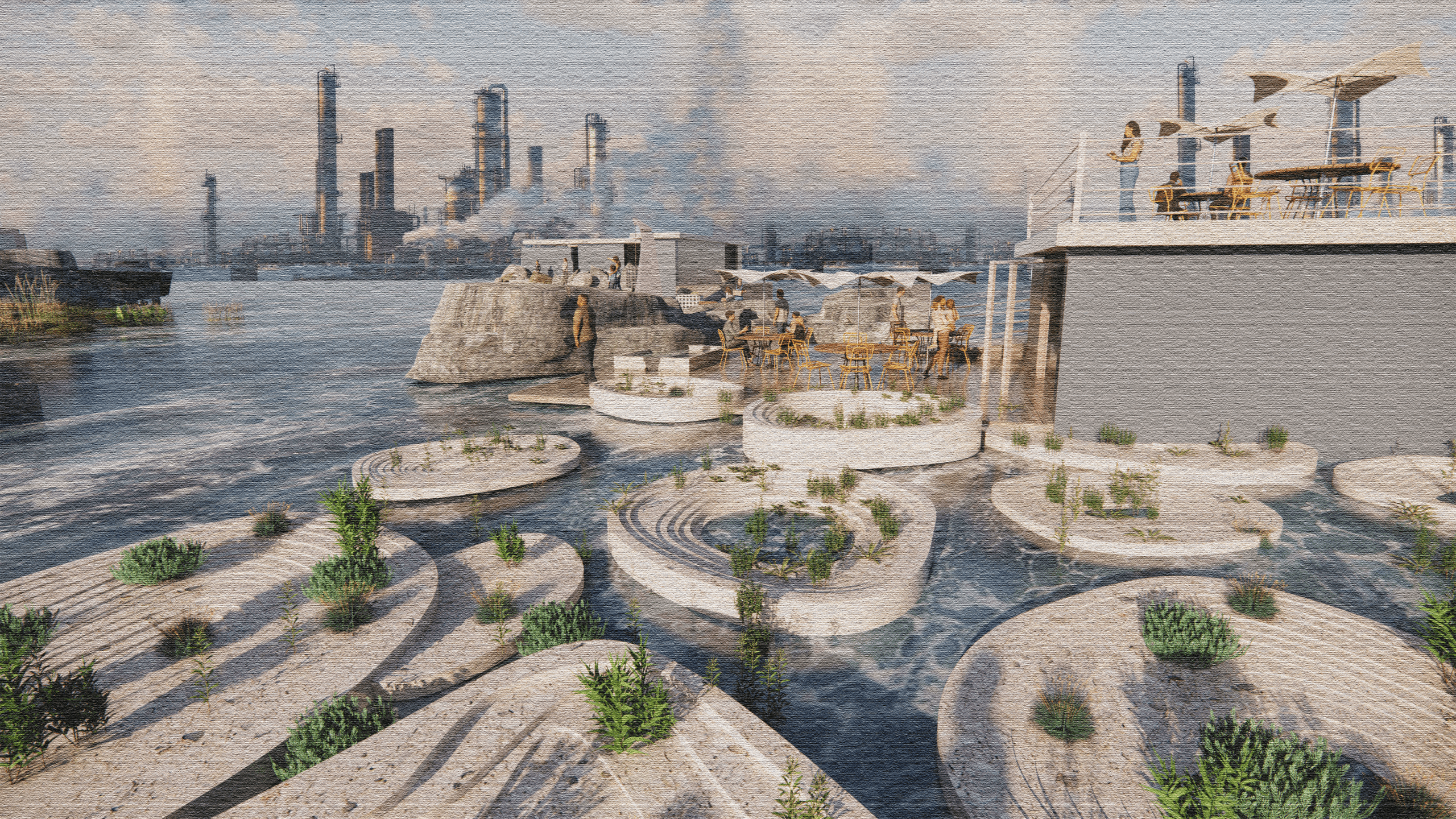 Render of architecture designed park with a city skyline in the background