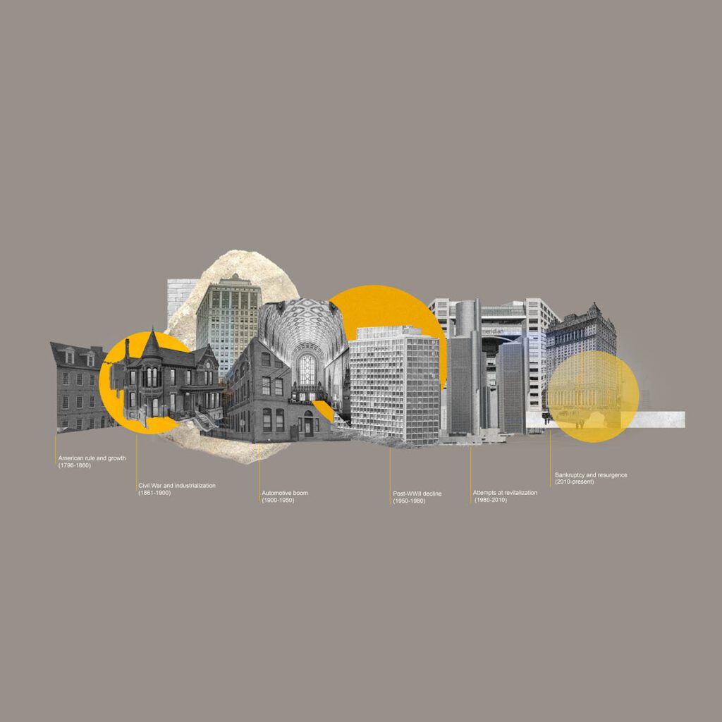 Collage of buildings with titles