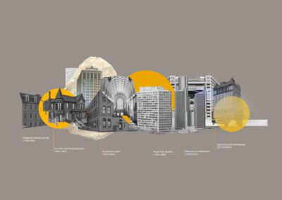 Collage of buildings with titles