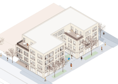 Axon view of architecture project render. Isometric view.