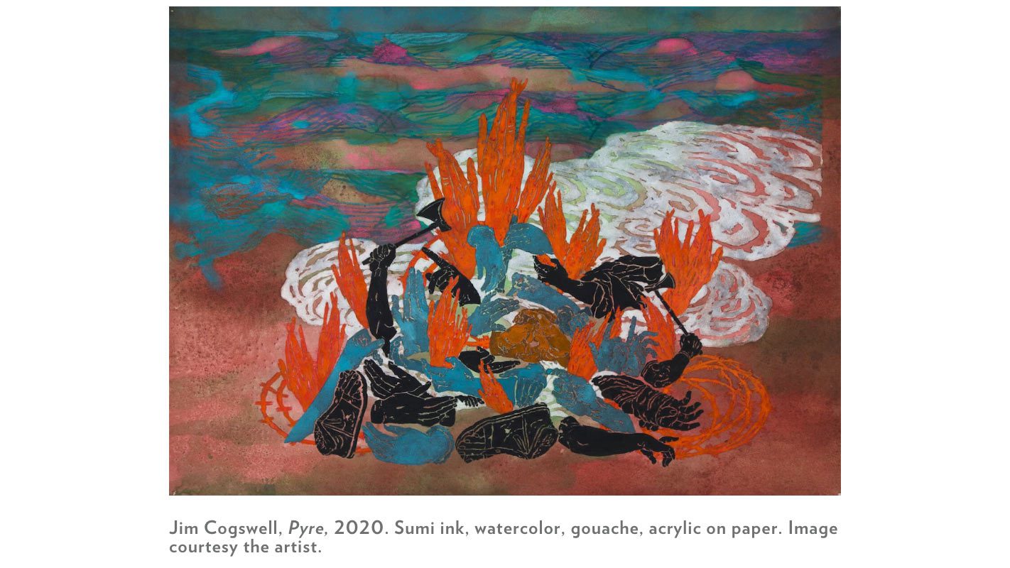 Pyre by Jim Cogswell, a painting of burning pieces of abstract body parts