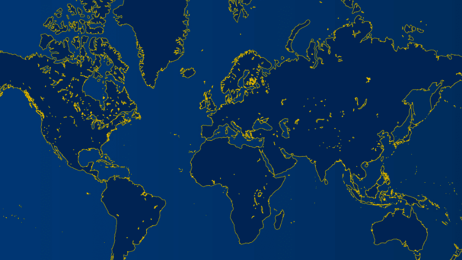A map of the world in blue with landmasses outlined in yellow