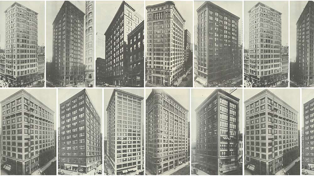 A sepia toned montage of tall buildings