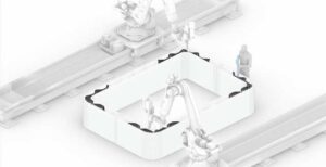 An illustration of two multi-axis robots 3D printing an example structure.