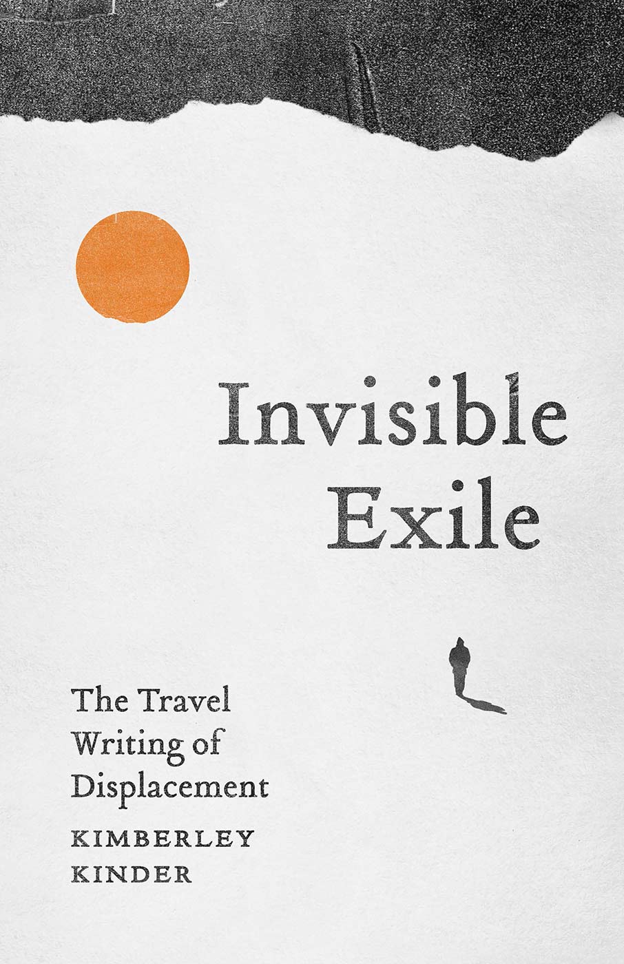 The cover of Invisible Exile featuring a white background with an orange circle representing the sun and a silhouette of a person walking towards the sun.