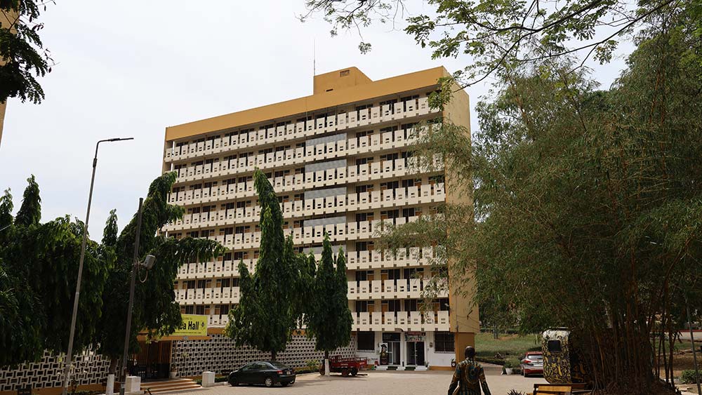 A multistory building behind trees