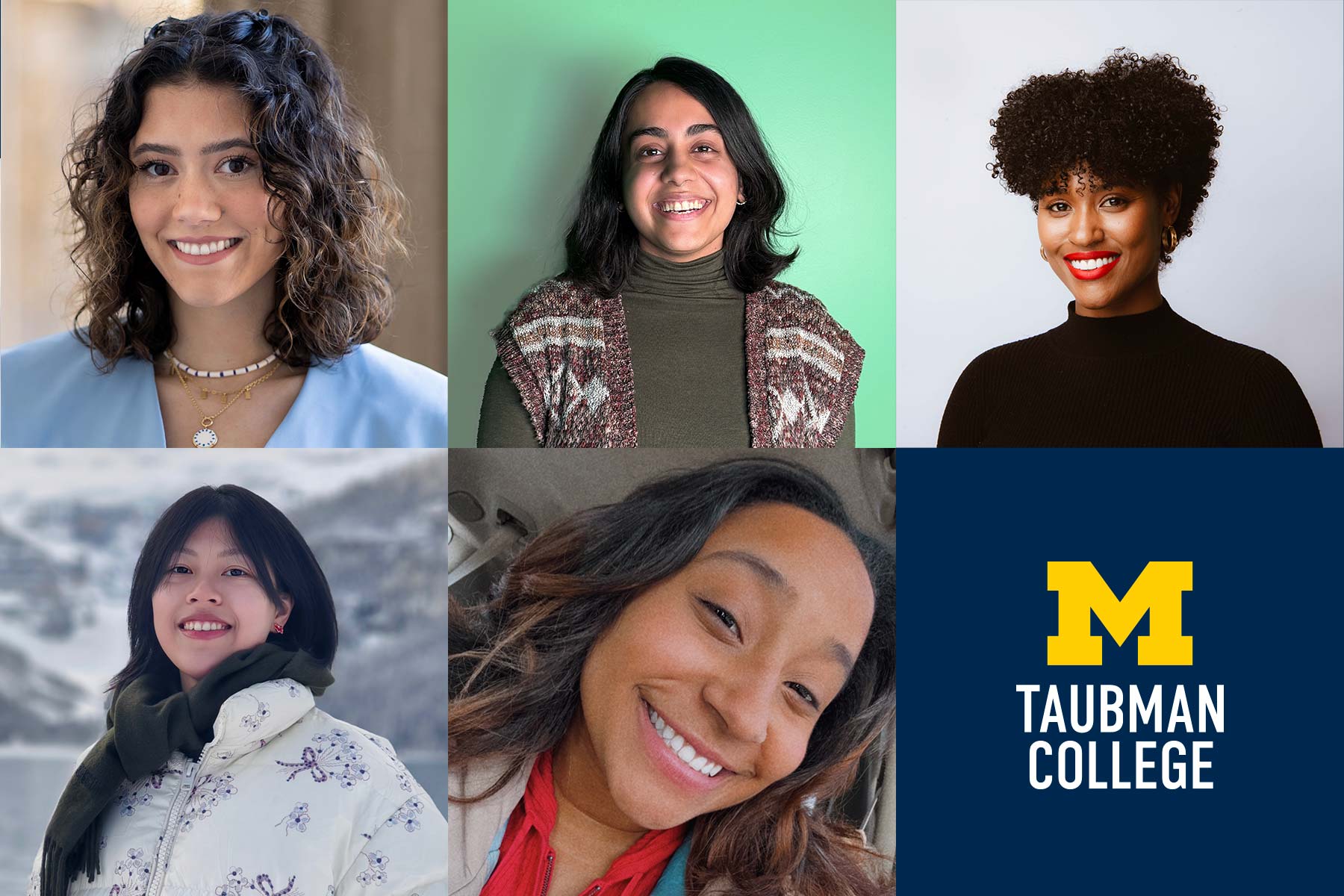 Portraits of Saj McBurrows M.U.R.P. ’25, Saloni Kapoor M.U.R.P. ’26, Camille Johnson M.U.R.P ’26, Qingru Yang, M.Arch ’25, and Cayla Ellis, M.Arch ’26