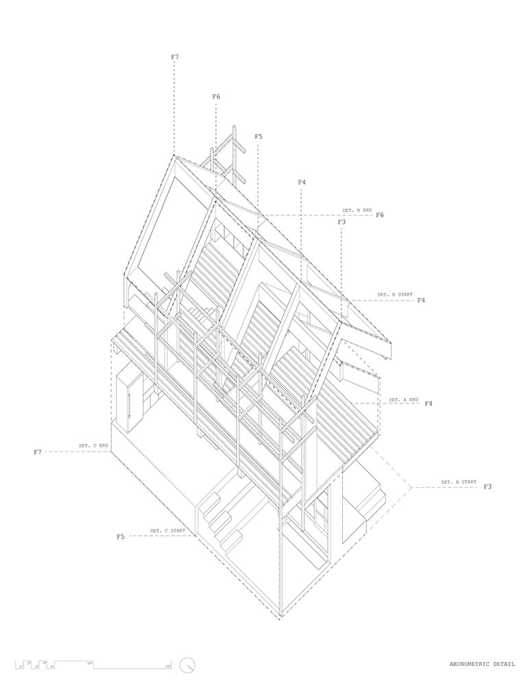 A line art axonometric drawing of the structure of a building.