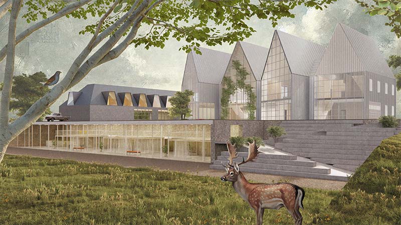 A design sketch of a building with a tree and deer in the foreground