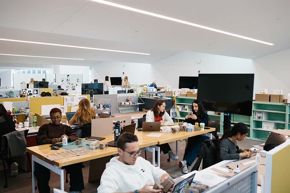 Students in studio working on projects