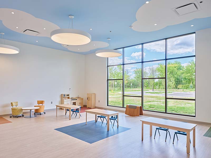 A bright classroom with large windows, small tables, and blue ceiling panels shaped like clouds.