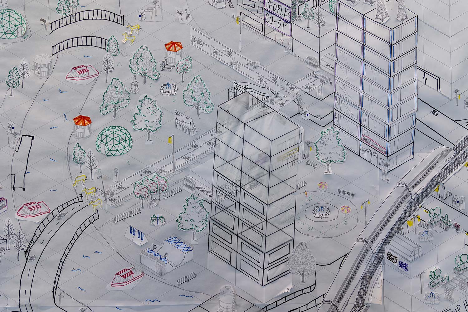 Close up picture of an isometric style map that was created by students