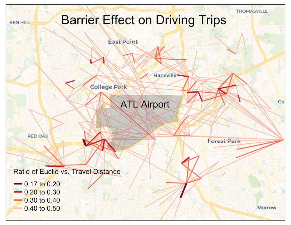 A map showing driving trip paths around Atlanta’s airport, with colored lines illustrating how the airport acts as a barrier to direct travel.