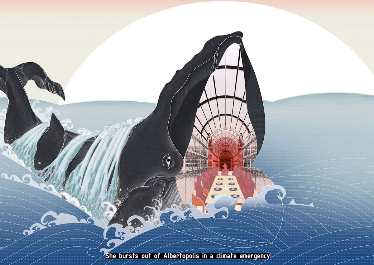 A giant whale rises from stylized waves, revealing an architectural interior inside its open mouth.