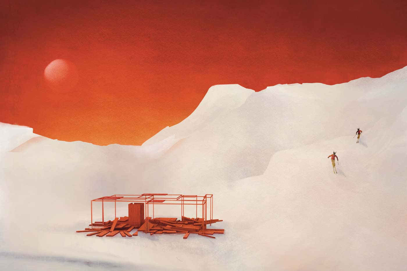A stylized render of two small figures walk across a vast white desert toward distant hills under a deep red sky, near a collapsed red metal structure surrounded by scattered debris.