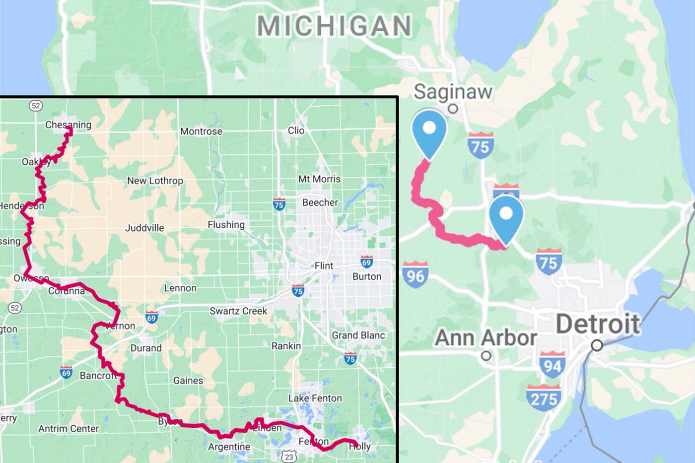 Image of the Lower Peninsula of Michigan showing the location of the Shiawassee River Water Trail running from Holly northwest to Chesaning, with an inset showing more detail.
