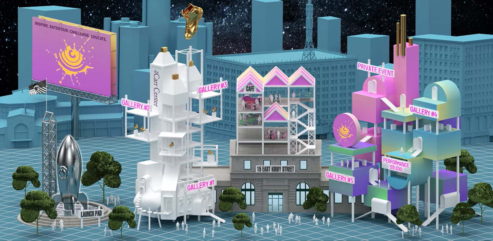 Futuristic art center with galleries, café, rocket, billboard, and people in a vibrant cityscape.