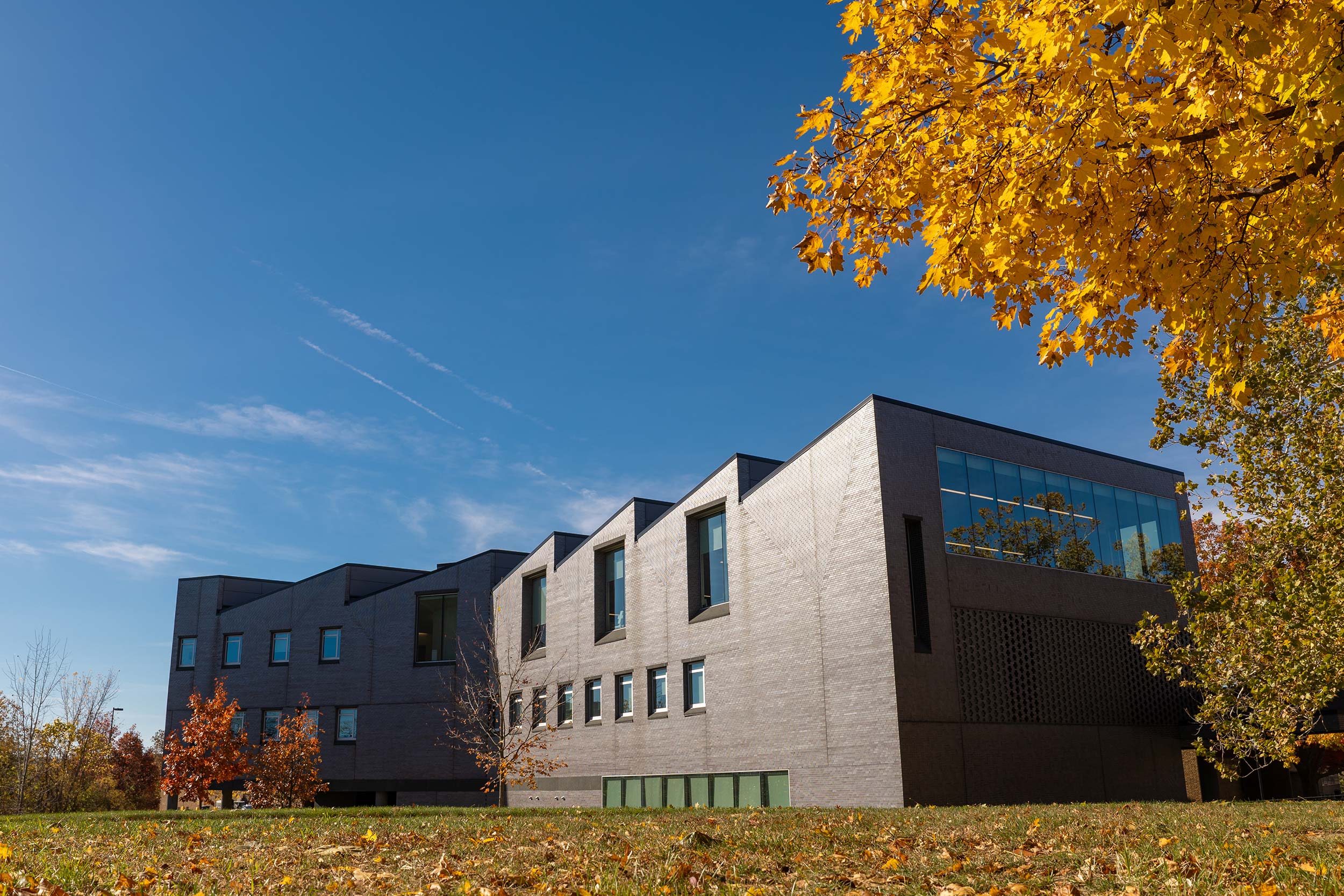 Taubman Wing exterior in the fall with clear blue skies
