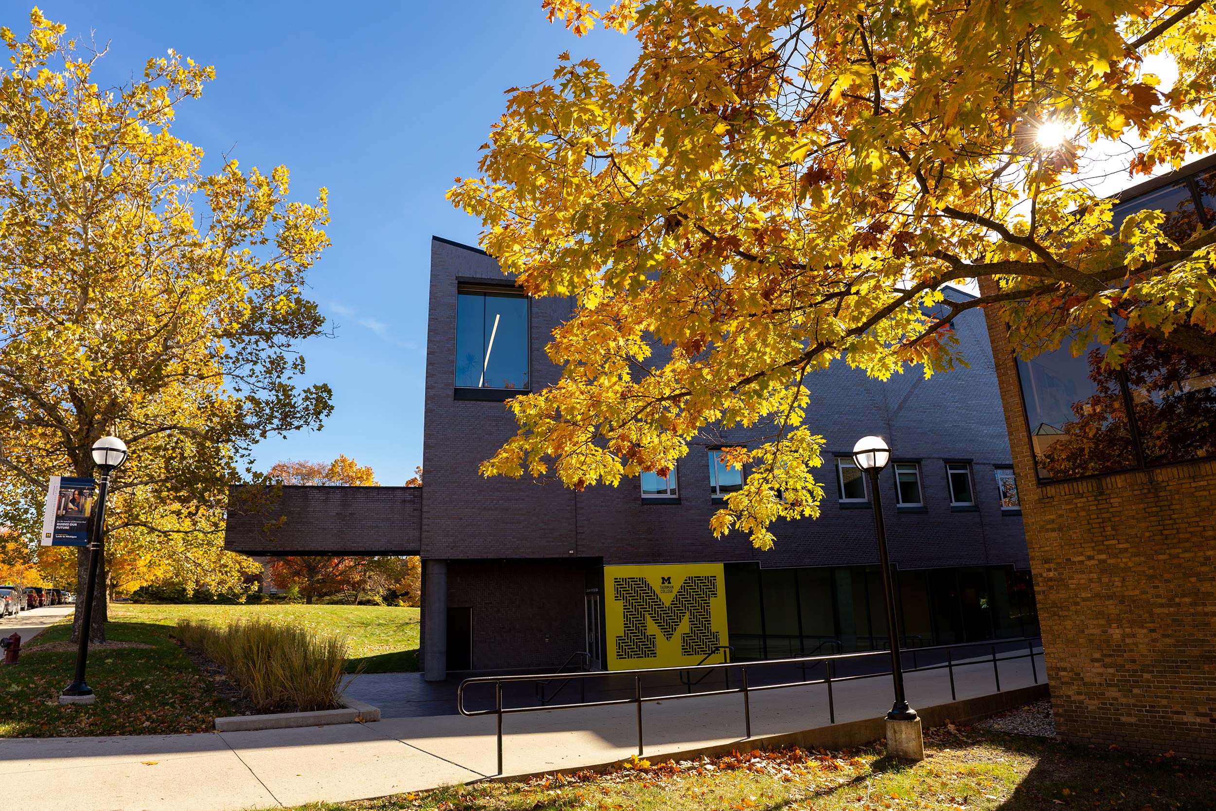 Exterior view of the Taubman Wing in the fall.