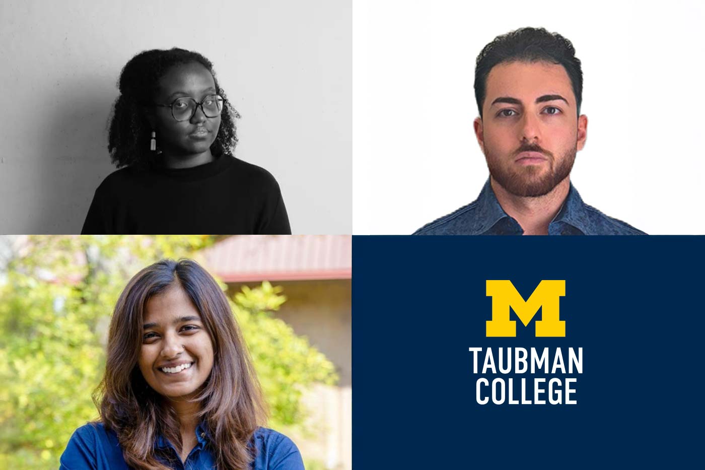 Portraits of Marium Ahmed, M.U.R.P. ’27, Nawres Shaao, M.Arch ’27, and Minza Shahid, M.U.D. ’27