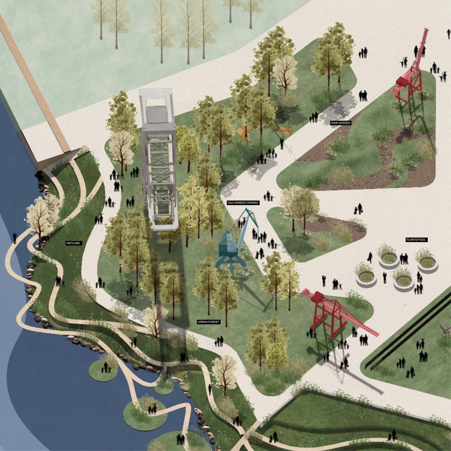 an abstract rendering of an open park area from overhead