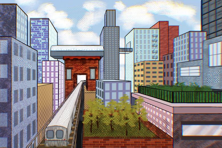An illustration of a city with a train running through and rooftop gardens atop the buildings
