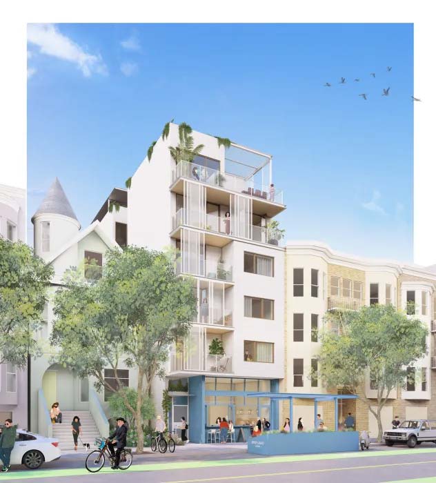 Rendering of a narrow apartment building with balconies, street trees, pedestrians, cyclists, and ground-floor storefronts.