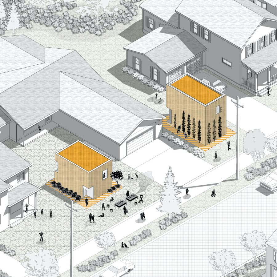 An isometric drawing of two colorful tiny houses built in the yards of larger black and white houses.