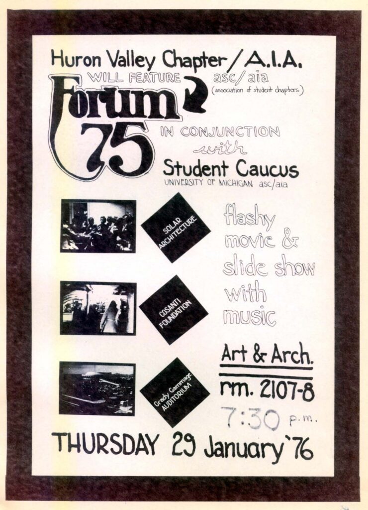 A poster advertising a presentation led by Russell and a classmate after attending the ACS/AIA Forum in 1975